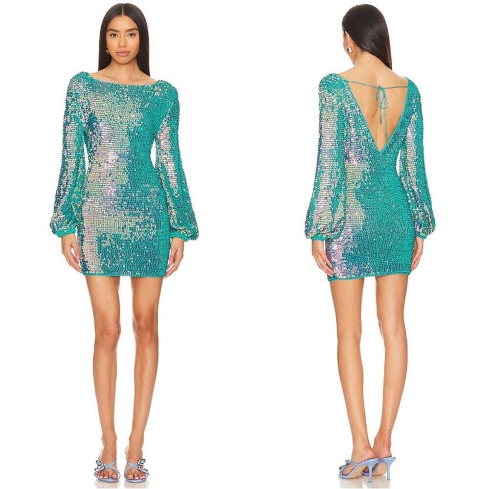 Retrofete Tara Sequin Crochet Lone Sleeve Mini Dress in Aquamarine M/L